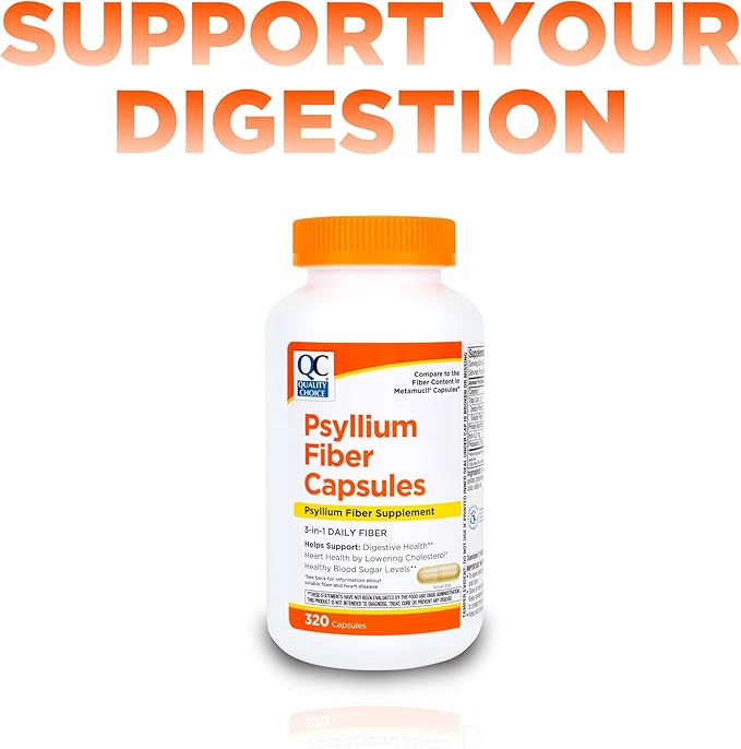 Quality Choice Psyllium Fiber Capsules 1.8 Grams of 3 in 1 Soluble Fiber per Serving for Regularity. Plant Based Value Size Convenient Daily Supply 3 Pack