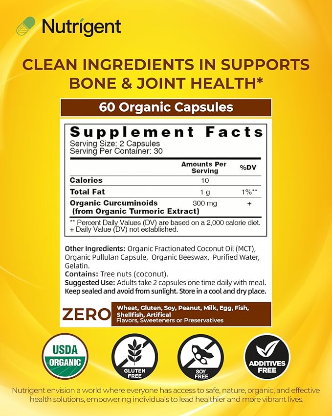 USDA Organic Turmeric Curcumin Supplement Turmeric Extract with Curcuminoids 300 mg Liquid Organic Capsules Antioxidant Bone &amp Joint Support No-Gluten 60 Count