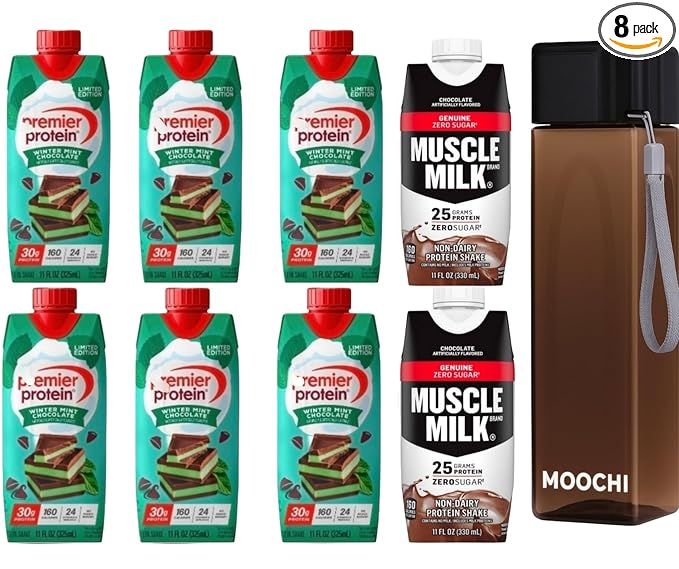 Protein Shake Variety Pack – 8 Ready-to-Drink Chocolate &amp Mint-Style Protein Beverages 11 fl oz Bottles | Includes Free Reusable Water Bottle | Custom Bundled by MOOCHI