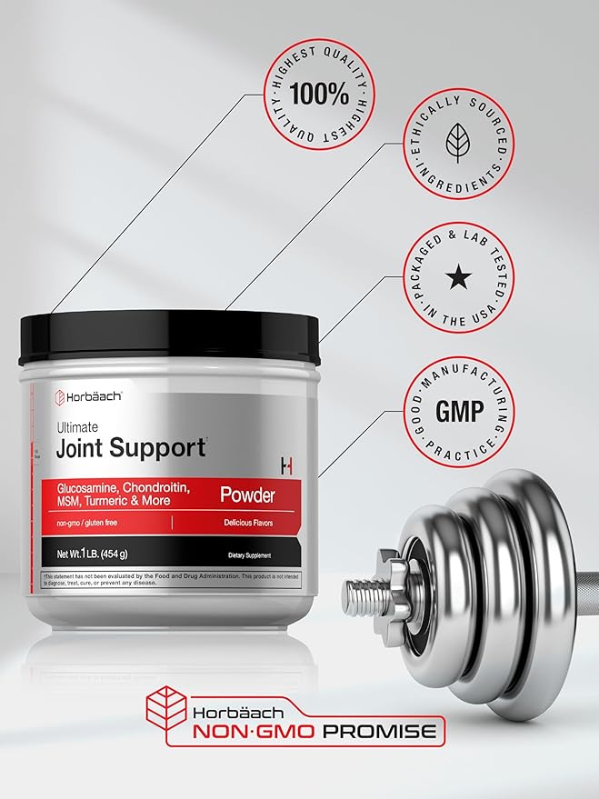 Horbaach Joint Support Supplement Powder | 1 lb | Glucosamine Chondroitin MSM &amp Turmeric | for Men and Women | Non-GMO &amp Gluten Free