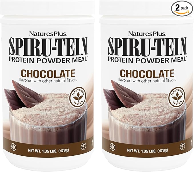 NaturesPlus SPIRU-TEIN Chocolate - 1.05 lbs Pack of 2 - Plant-Based Protein Shake - Non-GMO Vegetarian Gluten Free - 34 Total Servings