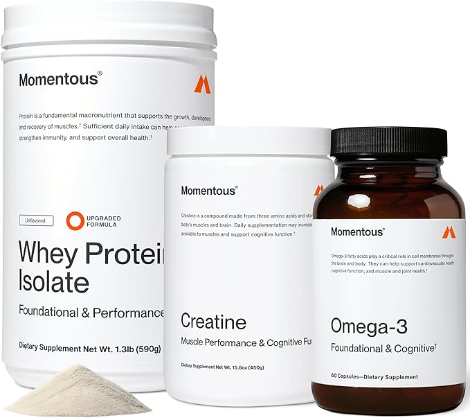 Momentous Three - Creatine Monohydrate Powder (90 Servings) Grass-Fed Whey Protein Powder (Unflavored) &amp Omega-3 Fish Oil 1600mg - Daily Essentials for Strength Performance &amp Lean Muscle Rec