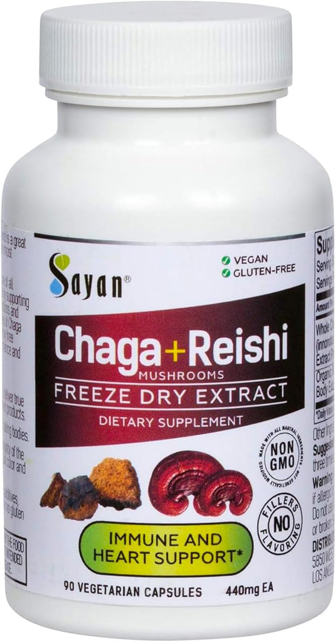 Sayan Siberian Chaga and Organic Reishi Mushroom Extract Supplement – 90 Capsules/440mg Each - Wild-Harvested Antioxidant Blend for Immune System Support + Natural Energy Boost Non-GMO Gluten Free