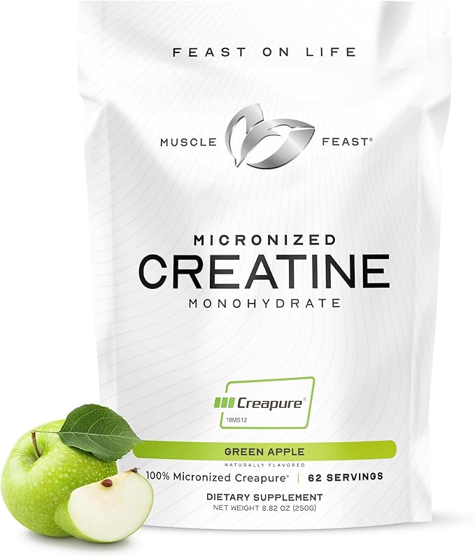 Muscle Feast Creapure - Micronized Creatine Monohydrate Powder | Premium Pre-Workout or Post-Workout | Flavored Creatine for Women &amp Men | Easy to Mix Gluten-Free Safe and Pure (Green Apple 250
