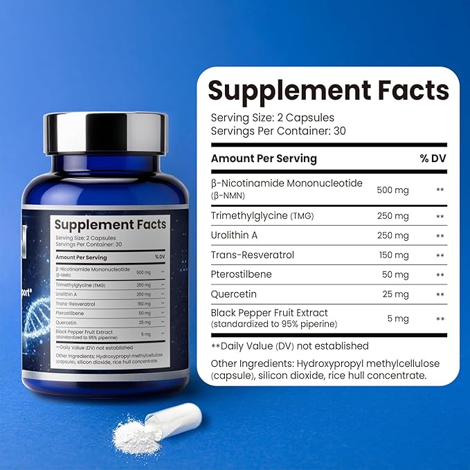 NMN NAD Supplement with Resveratrol – 1230mg Multi-Ingredient NMN Formula with TMG Urolithin A &amp Quercetin Daily Capsules for Women &amp Men mnm Supplement 60 Count