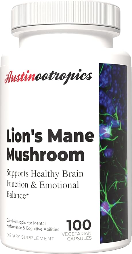 Austinootropics Lions Mane Mushroom 500mg Daily Adaptogen Capsules for Stress Support Mood Balance Energy &amp Focus – 100 Vegan Capsules