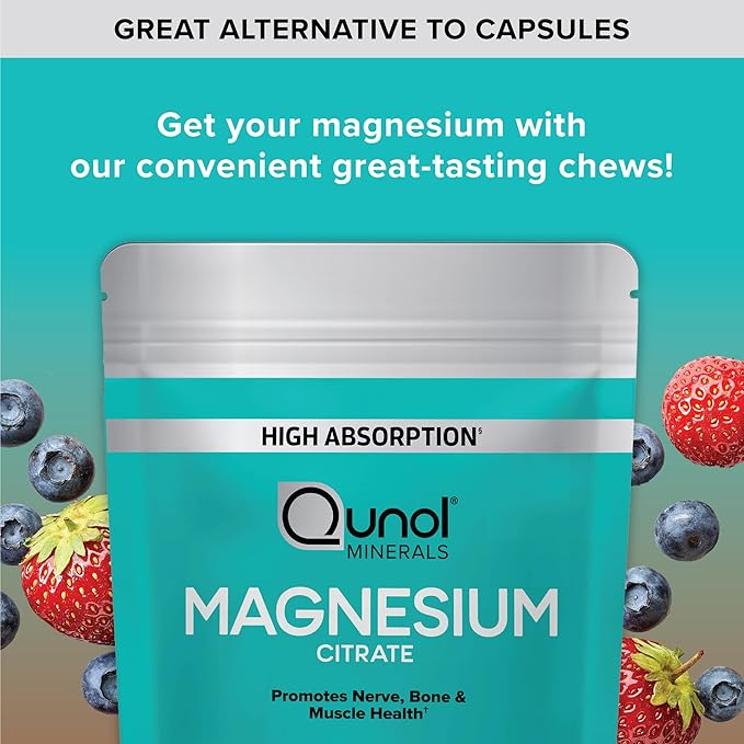 Qunol Magnesium Citrate Soft Chews 350mg Extra Strength Magnesium Supplement High Absorption to Support Nerve Bone and Muscle Health 90 Count