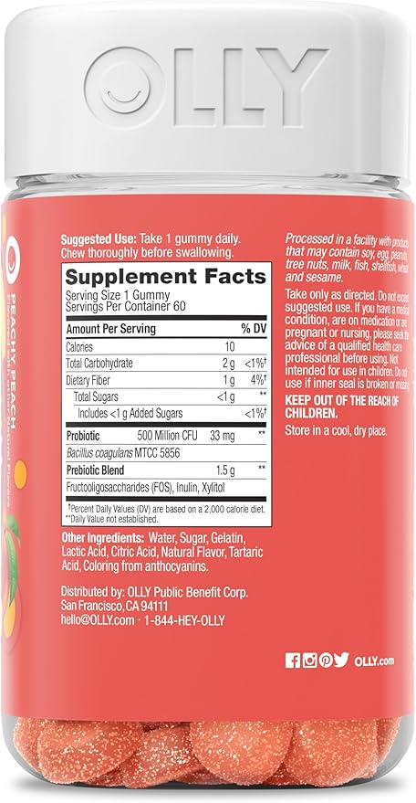 OLLY Probiotic + Prebiotic Gummy Digestive Support and Gut Health 500 Million CFUs Fiber Adult Chewable Supplement for Men and Women Peach 60 Day Supply - 60 Count