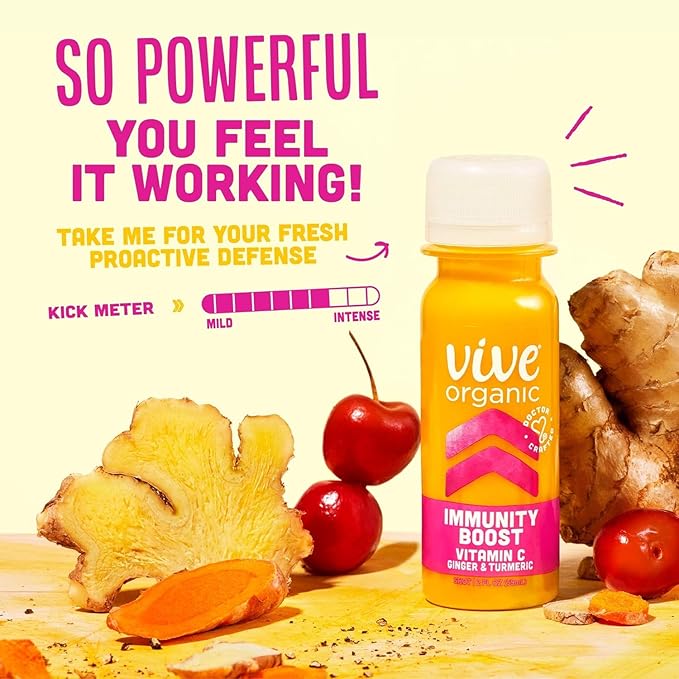 Vive Organic Vitamin C + Immune Support Shot Cold-Pressed Turmeric Ginger &amp Acerola Cherry Gluten Free Vegan Immunity Boost Vitamin C 2 Fl Oz (Pack of 12)