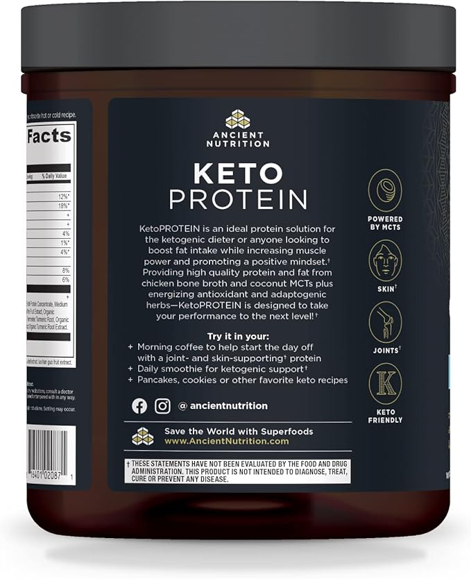 Ancient Nutrition Keto Protein Powder KetoPROTEIN with Fats from Bone Broth and MCT Oil Vanilla 18g Protein 11g Fat Per Serving Gluten Free 17 Servings