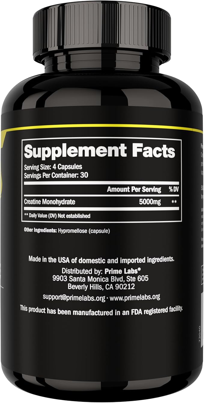 Prime Labs Creatine Monohydrate Capsules - 5g (5000mg) - Muscle Growth Recovery Brain Function - for Men &amp Women - 120 Count
