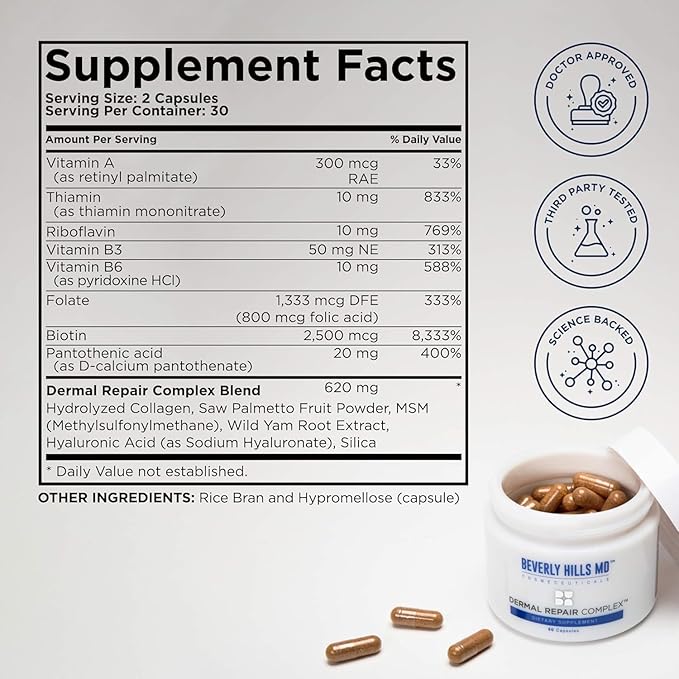 Beverly Hills MD Dermal Repair Anti-Aging Supplement - Hyaluronic Acid Collagen Vitamins for Smooth Plump Skin (3)