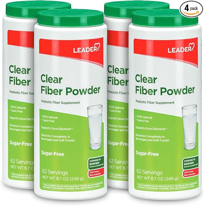 Leader Prebiotic Fiber Supplement Powder for Digestive Health 100% Natural Daily Fiber Powder Sugar-Free Taste-Free Gluten Free Non-GMO Unflavored 62 Servings (8.7 OZ) (Pack of 4)