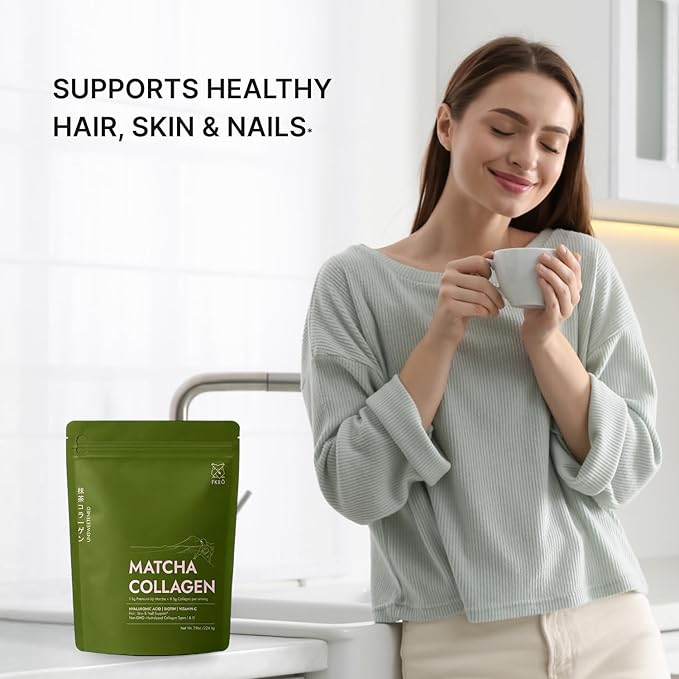 FKRO Matcha Collagen Powder w Biotin Hyaluronic Acid &amp Vitamin C - Healthy Hair Skin &amp Nails - Natural Type I &amp III Hydrolyzed Collagen Powder Unsweetened Matcha Latte - 22 Servings 7.