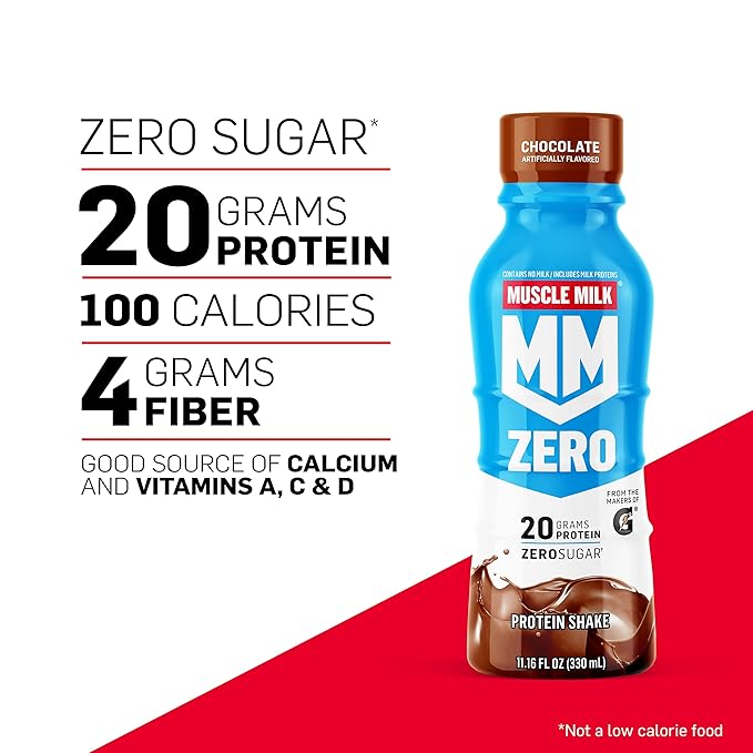 Muscle Milk Zero Protein ShakeChocolate20g ProteinZero Sugar100 CaloriesCalciumVitamins AC &amp D4g FiberEnergizing SnackWorkout RecoveryPackaging May Vary11.16 Fl Oz(Pack of 24)
