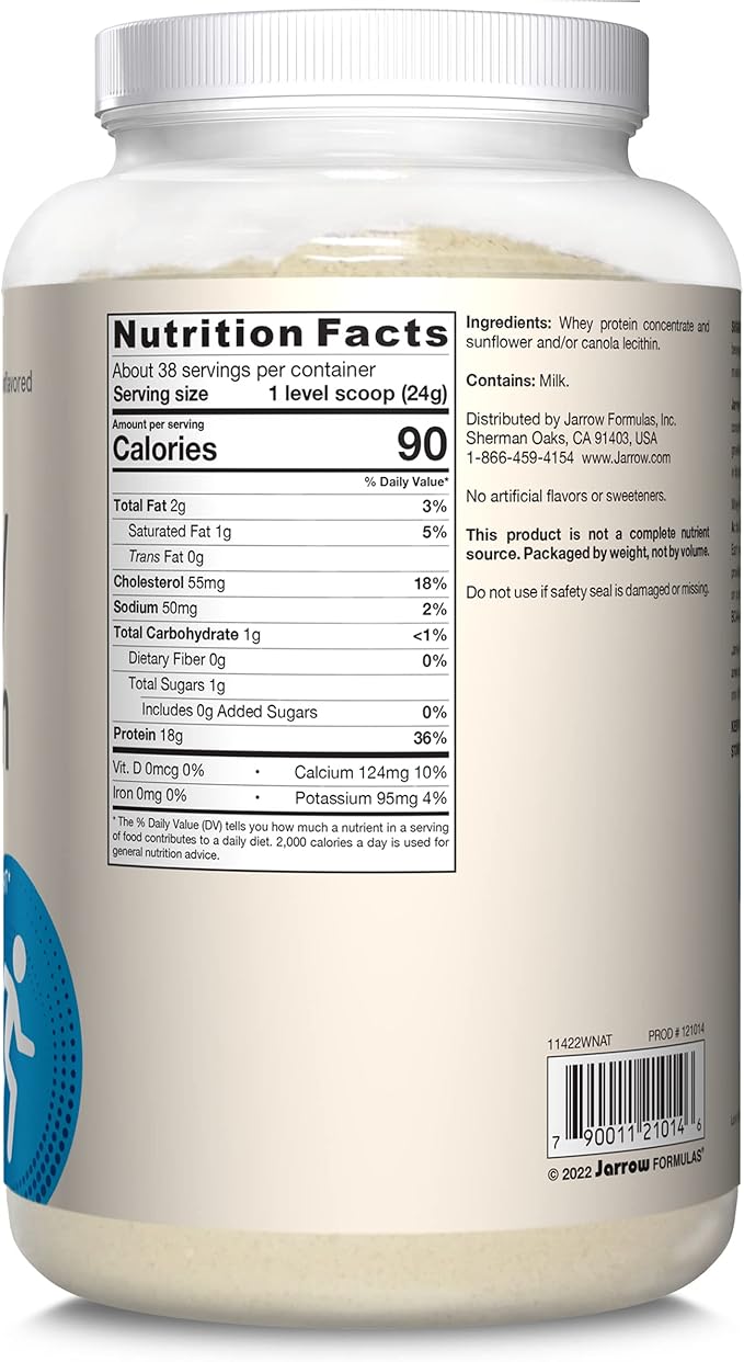 Jarrow Formulas Whey Protein with 18 g of Protein 3.8 g of BCAAs and Glutamine Dietary Supplement for Muscle Function and Recovery Support 32 oz Unflavored Powder Approximately 38 Day Supply