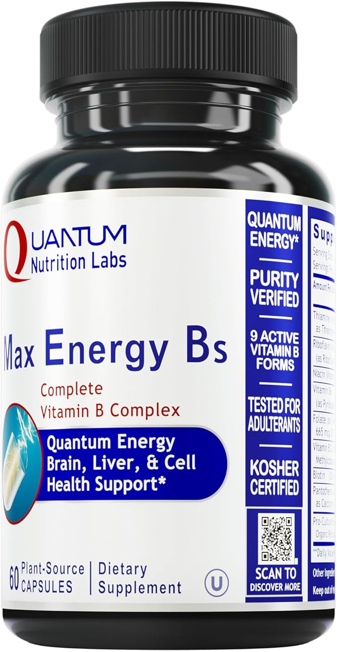 Quantum Nutrition Labs Max Energy Bs - Vitamin B Complex Methylated B Complex Vitamins with Vitamin B1 B6 B12 Thiamin Folate and Biotin - 60 Vegetarian Capsules