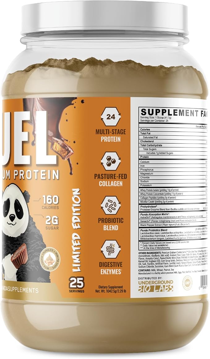 Panda Fuel Premium Protein WheyHydrolyzed CollagenCaseinProbiotics Enzymes Keto FriendlyTime Release 25 Servings (2.5 Pound Chocolate Peanut Butter Crumble) (with inclusions)