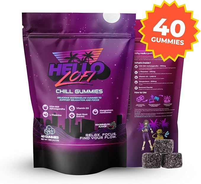 Chill Gummies Relaxation and Focus Supplement with L Theanine and Ashwagandha Defense System Support with Mangosteen and Vitamin D Gluten Free Vegan Watermelon Flavor 40 Count