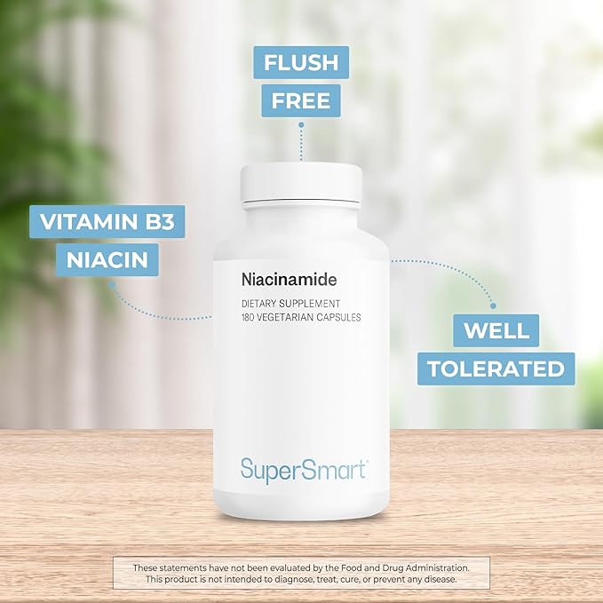 Supersmart - Niacinamide Supplement 2000mg per Day (Nicotinamide) - Flush Free Vitamin B3 Niacin | Non-GMO &amp Gluten Free - 180 Vegetarian Capsules