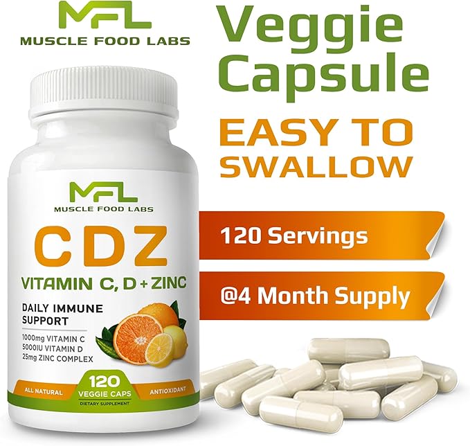 2 Pack C D Z | Vitamin C 1000mg | Vitamin D3 125mcg | Zinc 25mg | Non-GMO &amp Gluten Free | 240 Servings
