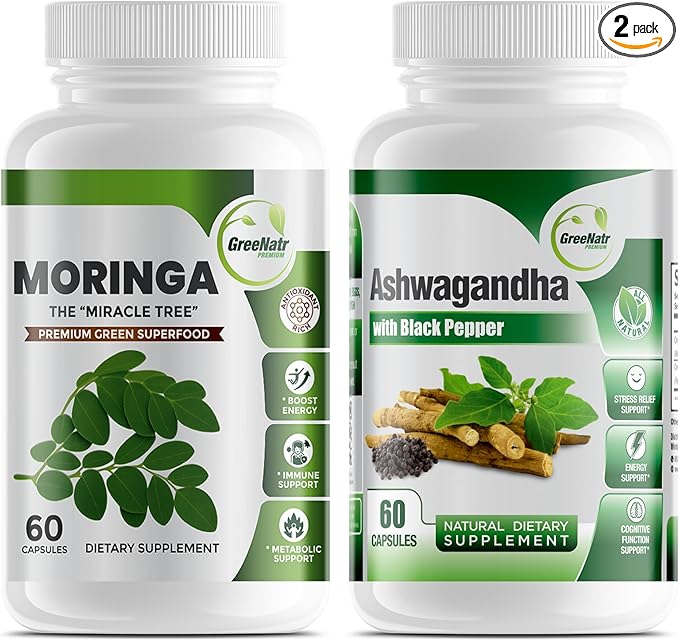 GreeNatr Pure Moringa Oleifera Leaf Extract Plus Ashwagandha with Black Pepper for Enhanced Absorption - Stress Relief Mood Enhancer with Energy and Cognitive Function Support