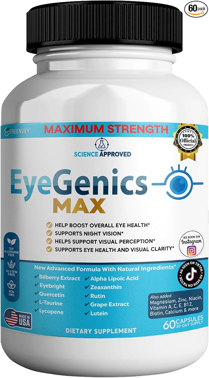 EyeGenics Max Vision Support Supplement 60 Capsules Maximum Strength Eye Health Formula with Lutein Bilberry Extract Vitamins (1)