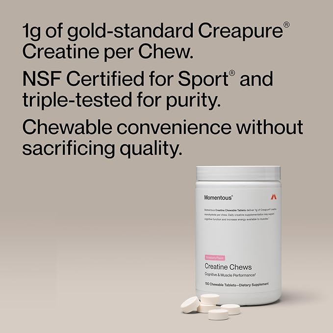 Momentous Creatine Chews - Creatine Monohydrate - Supports Strength Lean Muscle &amp Recovery for Men &amp Women - NSF Certified for Sport - 150 Chewable Tablets - Strawberry