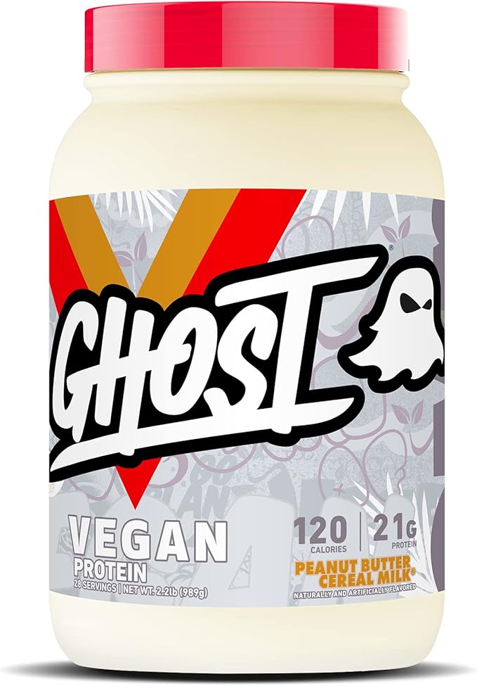 GHOST Vegan Protein Powder Peanut Butter Cereal Milk - 2LB Tub 21G of Protein - Plant-Based Pea Organic Pumpkin &amp Watermelon Seed Protein Blend - ­Flavored Post Workout Shakes - Soy &amp Glute