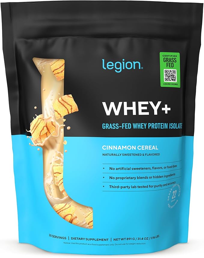 LEGION Whey+ Protein Whey Isolate from Grass Fed Cows (Cinnamon Cereal 30 Servings) - Whey Protein Isolate Powder Low Calorie Non-GMO Sugar Free Lactose and Gluten Free All Natural Protein Powder