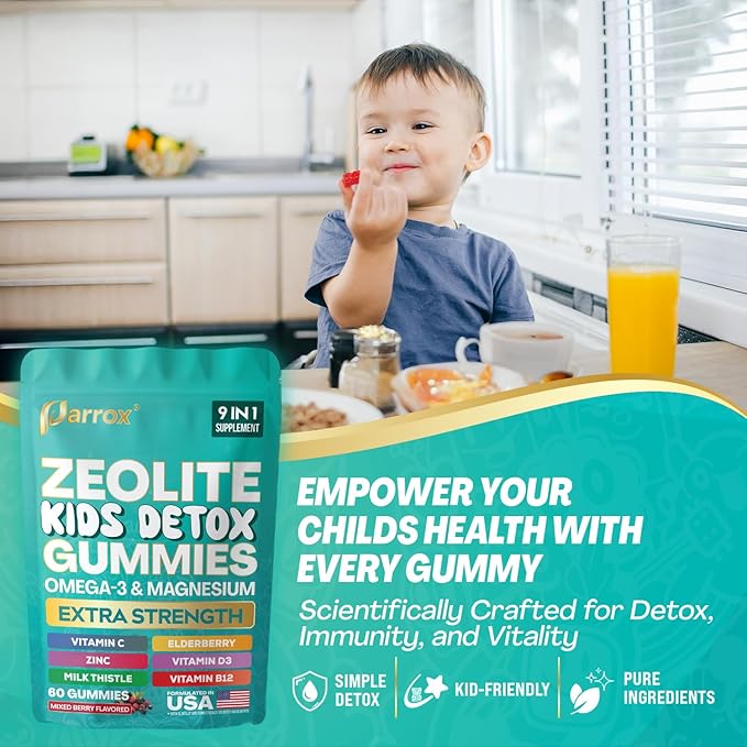 Zeolite Kids Gummies 9-in-1 with Zeolite Omega-3 Magnesium Elderberry Vitamin C Milk Thistle Vitamin D3 Zinc B12 – Sugar-Free (60 Gummies – Mixed Berry Flavor)
