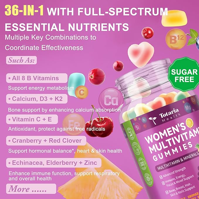 Totaria Sugar Free Womens Multivitamin Gummies with Iron Women's Multivitamin w/Vitamins C D3 K2 B12 B6 Filled Gummies for Daily Nutritional Support| Immune Support| Skin Health Mixed Flavors