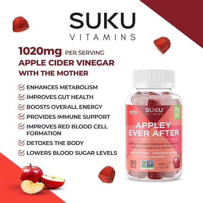 SUKU Appley Ever After Gummies – Apple Cider Vinegar with Methylated B12 &amp Folate – Sugar-Free Gluten-Free Vegan Detox &amp Energy Support – Amazing Apple Flavor – 50 Count