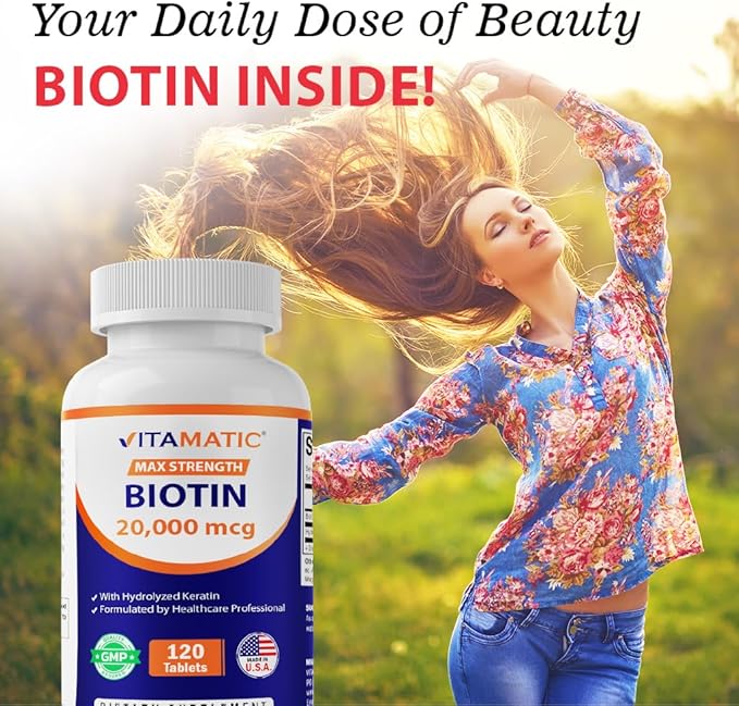 Vitamatic High Potency Biotin 20000 mcg (20mg) with Keratin 100mg - 120 Vegetarian Tablets - Biotin Supplements for Healthy Hair Skin &amp Nails for Adults (120 Count (Pack of 3))