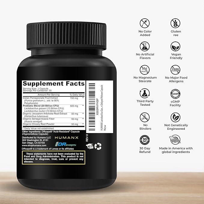 HUMANX Lactobacillus Gasseri &amp Reuteri+ 20 Billion CFU Plus Organic Prebiotics and Punicaligans - Probiotic Supplements - USA Made - Non-GMO - Performance Driven Delayed Release Capsule