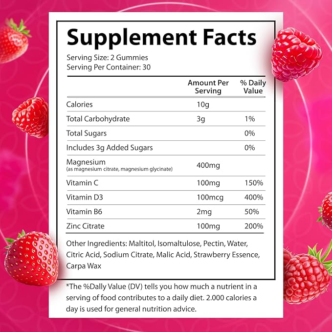 Magnesium glycinate Gummies High Absorption Magnesium Glycinate- Sugar Free Vegan Gummies for Adults with Vitamin D3 Zinc - Sleep Stress Bone &amp Memory Support - 60 Count Raspberry
