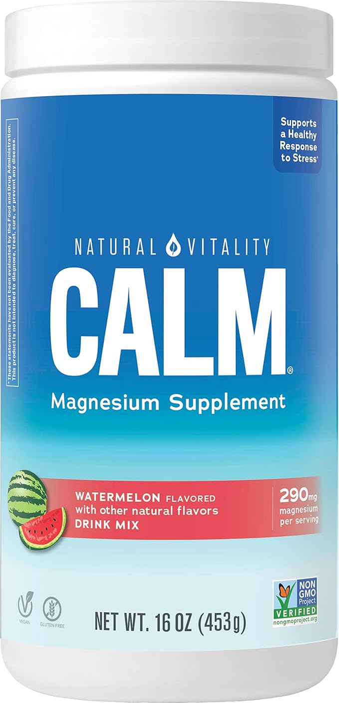 Natural Vitality Calm Magnesium Supplement Anti-Stress Drink Mix Powder Gluten Free Vegan &amp Non-GMO Watermelon 16 oz