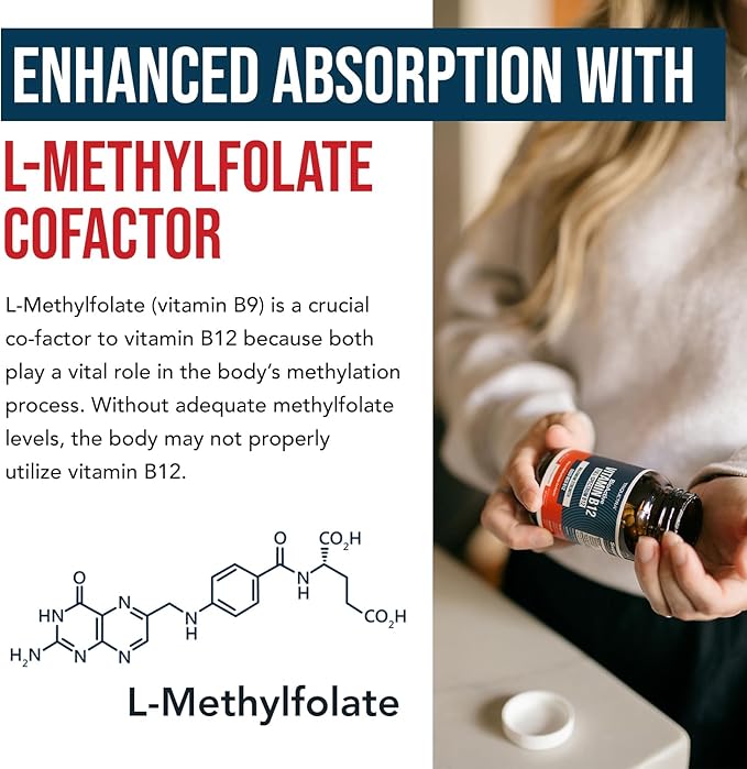 BioActive Vitamin B12 - 5000 mcg Contains 3 BioActive Forms B12 Plus Methylfolate Cofactor - Methyl B12 Adenosyl B12 &amp Hydroxy B12 | Supports Energy Metabolism &amp Mood | Vegan Non-GMO (60 S