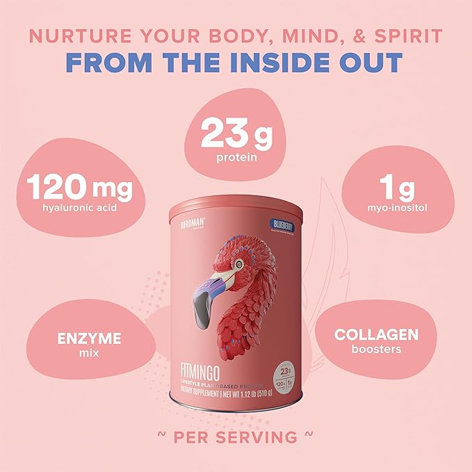 BIRDMAN Fitmingo Vegan Protein Powder with Inositol Collagen Boosters Hyaluronic Acid and Vitamins | Low Carb Dairy Free Low Calorie | 23g Plant Based Blueberry Protein Powder with Myo-Inositol