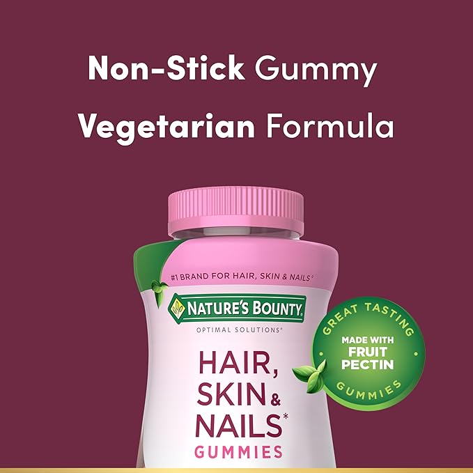 Nature's Bounty Optimal Solutions Hair Skin and Nails Pectin Gummies 2500 mcg Biotin Per Serving No Stick Gummy Vegetarian Formula Strawberry Flavor 200 Count 100 Total Servings (Pack of 2)