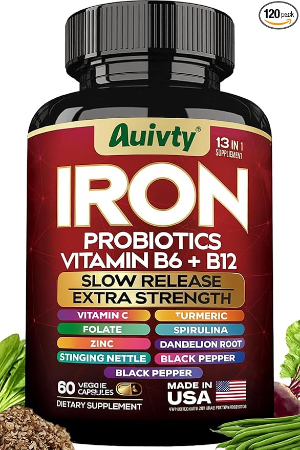Iron Supplement with Slow Release Iron Probiotics Spirulina Turmeric Vitamin C B6 B12 Zinc &amp Folate 13-in-1 Daily Support Gentle on Stomach 60 Veggie Capsules