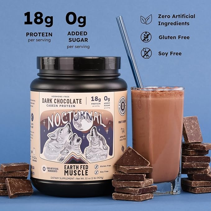 Earth Fed Muscle Nocturnal Casein Protein Powder – Dark Chocolate Protein Powder with Whey Blend – 18g Protein Sugar Free Gluten Free – Nighttime Recovery Protein Poweder – 2lb 23 Servings
