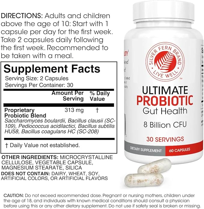Silver Fern Ultimate Probiotic 2-Pack – Probiotics for Women &amp Men – 8 Billion CFU Spore-Forming Gut Health Supplement – DNA Verified Vegan Probiotic Shelf-Stable High Survivability – 120 Capsu