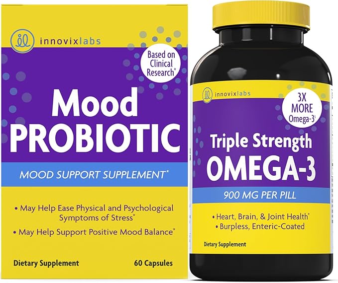 InnovixLabs Mood Probiotic &amp Triple Omega Bundle Mood Probiotic (60 Capsules) Triple Strength Omega-3 Fish Oil (200 Softgel). Supports Brain Joints and Immune Health*