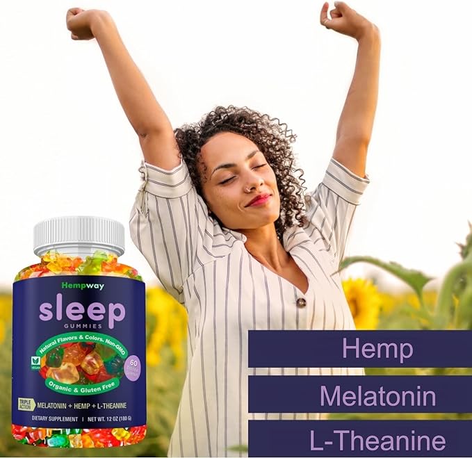 Hemp Sleep Gummies Triple Action | Promotes Healthy Sleep | Relaxes Body &amp Mind | Made in USA | 5mg Melatonin | 200mg Hemp | 10mg L-Theanine | 60 Organic Gummies