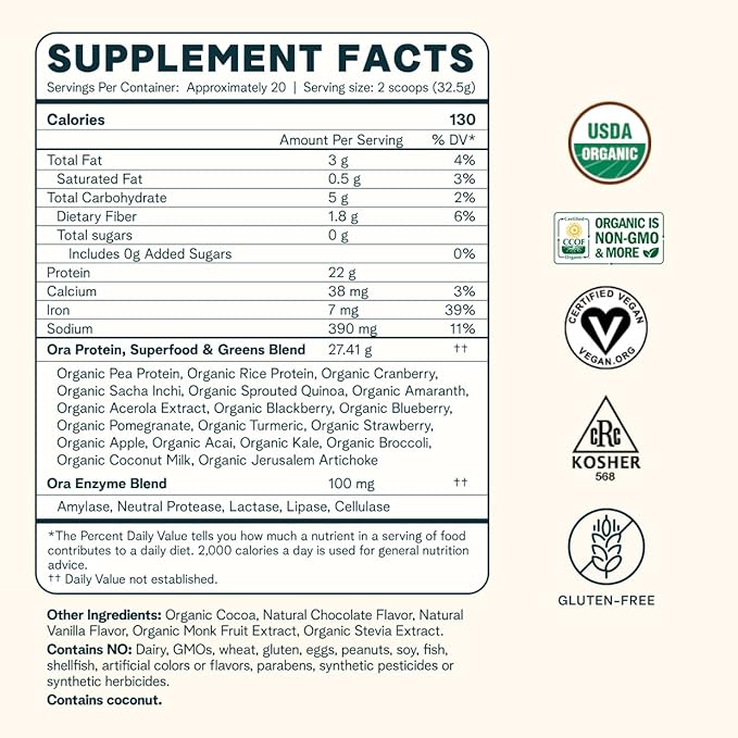 Ora Organic Vegan Protein Powder Vanilla Chai &amp Chocolate Bundle: 21g Plant Based Protein Powder Vanilla Chai Flavor 20 Servings + 22g Plant Based Protein Chocolate Flavor 20 Servings