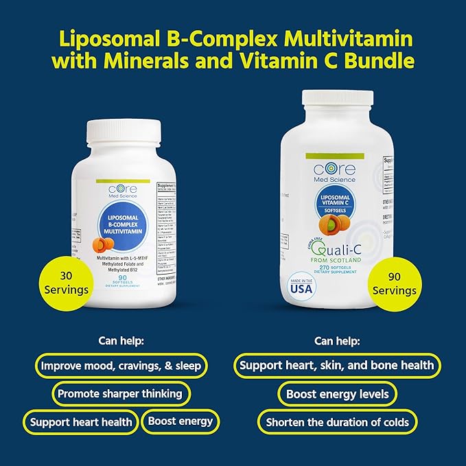 Core Med Science Liposomal Vitamin B-Complex &amp Vitamin C 1000mg Soft Gels Bundle for Heart Health &amp Immune System