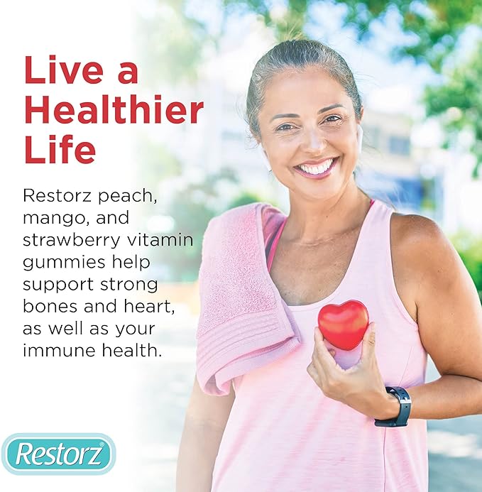Restorz Vitamin D3 Gummies (120 Total 12-Pack 10 Per Pouch) - Flavorful Peach Mango &amp Strawberry Wellness Chews/Heart &amp Bone Support/Vegan &amp Gluten Free/Soft Tasty Chewables for Adults