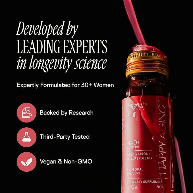 Happy Aging Liquid NAD+ Resveratrol Supplement NMN Alternative Liposomal Nicotinamide Riboside &amp Antioxidants for Energy Support Brain Health Firm Skin Twice Weekly Use 60 Shots