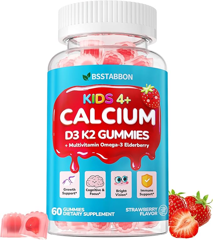 Kids Calcium Gummies with Vitamin D3: Sugar Free Chewable Calcium Citrate for Kids Plus Organic Vitamin D3 K2 Magnesium Zinc Lysine Omega3 - Easy to Digest High Absorption Non-GMO(60Count)